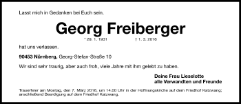 Traueranzeige von Georg Freiberger von Gesamtausgabe Nürnberger Nachrichten/ Nürnberger Ztg.