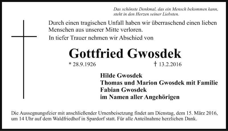  Traueranzeige für Gottfried Gwosdek vom 12.03.2016 aus Erlanger Nachrichten Lokal
