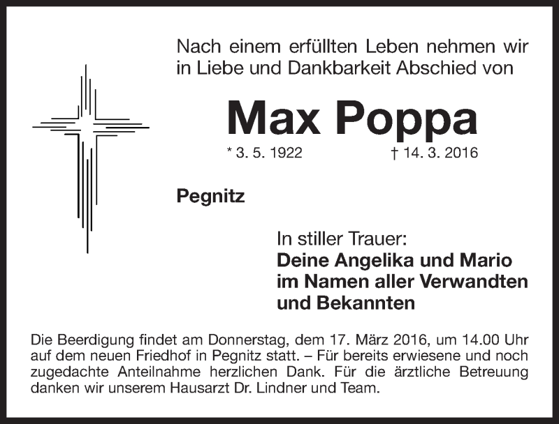  Traueranzeige für Max Poppa vom 16.03.2016 aus Nordbayerische Nachrichten Pegnitz Lokal