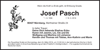 Traueranzeige von Josef Pasch von Gesamtausgabe Nürnberger Nachrichten/ Nürnberger Ztg.