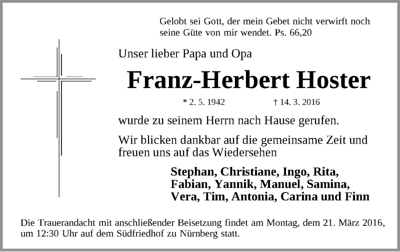  Traueranzeige für Franz-Herbert Hoster vom 19.03.2016 aus Gesamtausgabe Nürnberger Nachrichten/ Nürnberger Ztg.