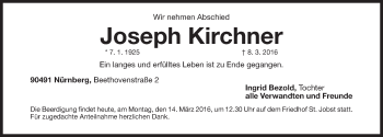 Traueranzeige von Joseph Kirchner von Gesamtausgabe Nürnberger Nachrichten/ Nürnberger Ztg.
