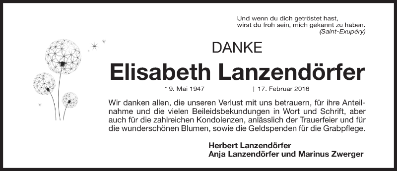  Traueranzeige für Elisabeth Lanzendörfer vom 09.03.2016 aus Gesamtausgabe Nürnberger Nachrichten/ Nürnberger Ztg.