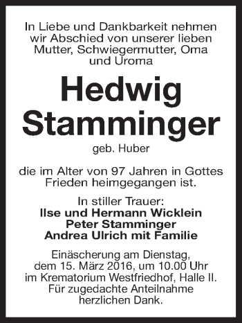 Traueranzeige von Hedwig Stamminger von Gesamtausgabe Nürnberger Nachrichten/ Nürnberger Ztg.