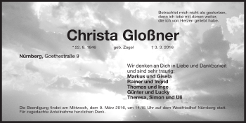 Traueranzeige von Christa Gloßner von Gesamtausgabe Nürnberger Nachrichten/ Nürnberger Ztg.