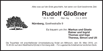 Traueranzeige von Rudolf Gloßner von Gesamtausgabe Nürnberger Nachrichten/ Nürnberger Ztg.