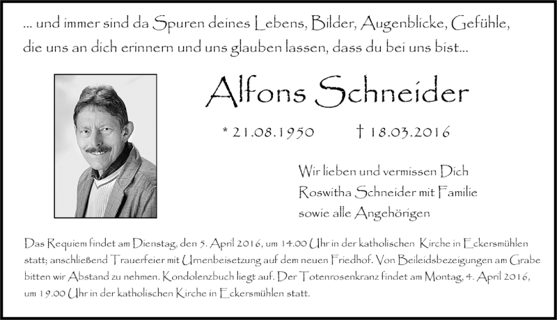  Traueranzeige für Alfons Schneider vom 26.03.2016 aus Roth-Hilpoltsteiner Volkszeitung Lokal