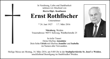 Traueranzeige von Ernst Rothfischer von Gesamtausgabe Nürnberger Nachrichten/ Nürnberger Ztg.