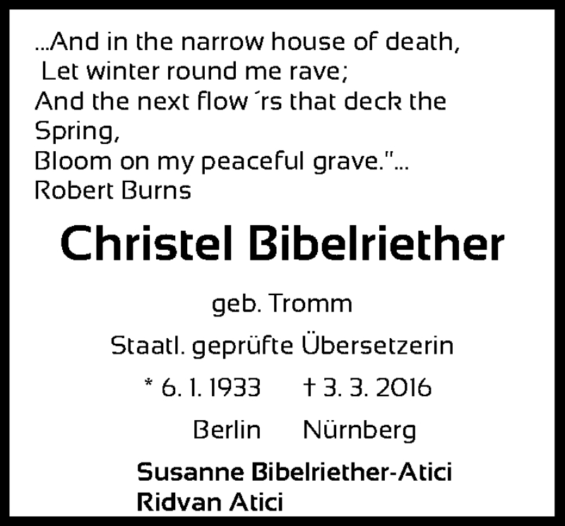  Traueranzeige für Christel Bibelriether vom 08.03.2016 aus Gesamtausgabe Nürnberger Nachrichten/ Nürnberger Ztg.