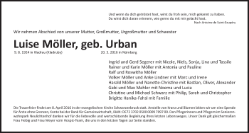 Traueranzeige von Luise Möller von Gesamtausgabe Nürnberger Nachrichten/ Nürnberger Ztg.