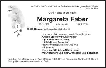 Traueranzeige von Margareta Faber von Gesamtausgabe Nürnberger Nachrichten/ Nürnberger Ztg.
