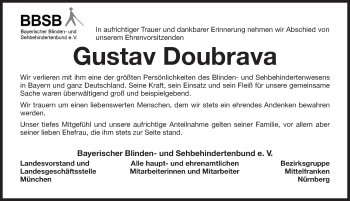 Traueranzeige von Gustav Doubrava von Gesamtausgabe Nürnberger Nachrichten/ Nürnberger Ztg.