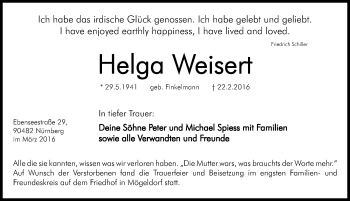 Traueranzeige von Helga Weisert von Gesamtausgabe Nürnberger Nachrichten/ Nürnberger Ztg.