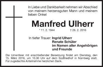 Traueranzeige von Manfred Ulherr von Gesamtausgabe Nürnberger Nachrichten/ Nürnberger Ztg.