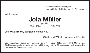 Traueranzeige von Jola Müller von Gesamtausgabe Nürnberger Nachrichten/ Nürnberger Ztg.