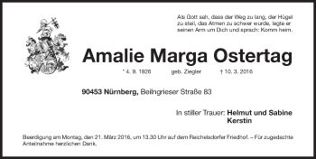 Traueranzeige von Amalie Marga Ostertag von Gesamtausgabe Nürnberger Nachrichten/ Nürnberger Ztg.