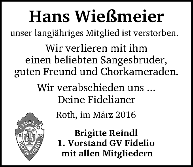  Traueranzeige für Hans Wießmeier vom 17.03.2016 aus Roth-Hilpoltsteiner Volkszeitung Lokal