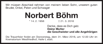 Traueranzeige von Norbert Böhm von Gesamtausgabe Nürnberger Nachrichten/ Nürnberger Ztg.