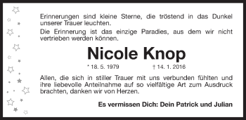 Traueranzeige von Nicole Knop von Gesamtausgabe Nürnberger Nachrichten/ Nürnberger Ztg.
