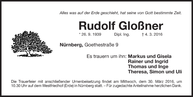  Traueranzeige für Rudolf Gloßner vom 26.03.2016 aus Gesamtausgabe Nürnberger Nachrichten/ Nürnberger Ztg.