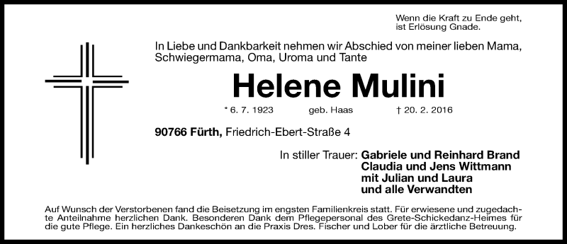  Traueranzeige für Helene Mulini vom 05.03.2016 aus Fürther Nachrichten Lokal