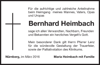 Traueranzeige von Bernhard Heimbach von Gesamtausgabe Nürnberger Nachrichten/ Nürnberger Ztg.