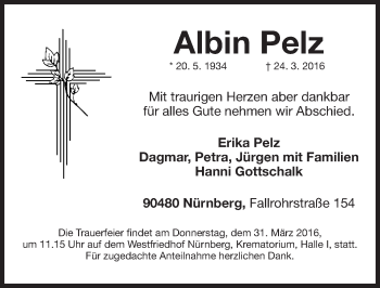 Traueranzeige von Albin Pelz von Gesamtausgabe Nürnberger Nachrichten / Nürnberger Ztg.
