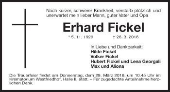 Traueranzeige von Erhard Fickel von Gesamtausgabe Nürnberger Nachrichten / Nürnberger Ztg.