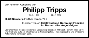 Traueranzeige von Philipp Tripps von Gesamtausgabe Nürnberger Nachrichten/ Nürnberger Ztg.