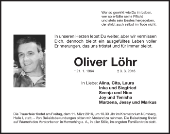 Traueranzeige von Oliver Löhr von Gesamtausgabe Nürnberger Nachrichten/ Nürnberger Ztg.