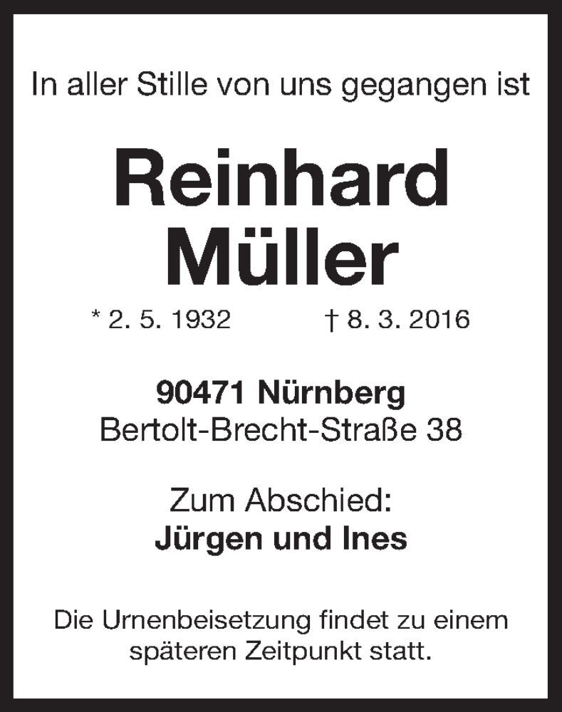  Traueranzeige für Reinhard Müller vom 12.03.2016 aus Gesamtausgabe Nürnberger Nachrichten/ Nürnberger Ztg.