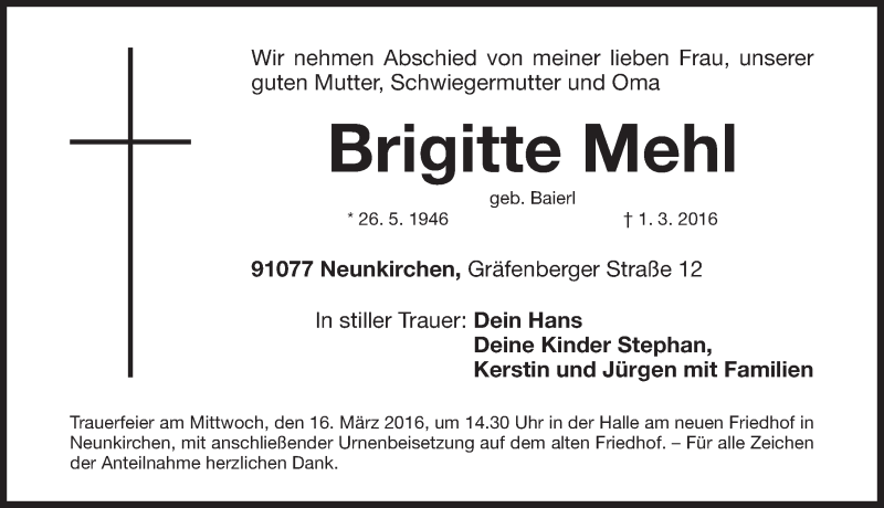  Traueranzeige für Brigitte Mehl vom 14.03.2016 aus Nordbayer. Nachrichten Forchheim/ Erlanger Nachrichten