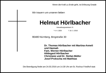 Traueranzeige von Helmut Hörlbacher von Gesamtausgabe Nürnberger Nachrichten/ Nürnberger Ztg.