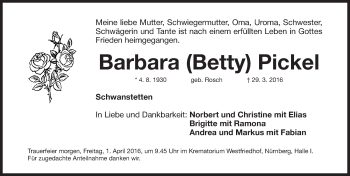 Traueranzeige von Barbara Pickel von Gesamtausgabe Nürnberger Nachrichten/ Nürnberger Ztg.