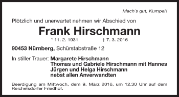 Traueranzeige von Frank Hirschmann von Gesamtausgabe Nürnberger Nachrichten/ Nürnberger Ztg.