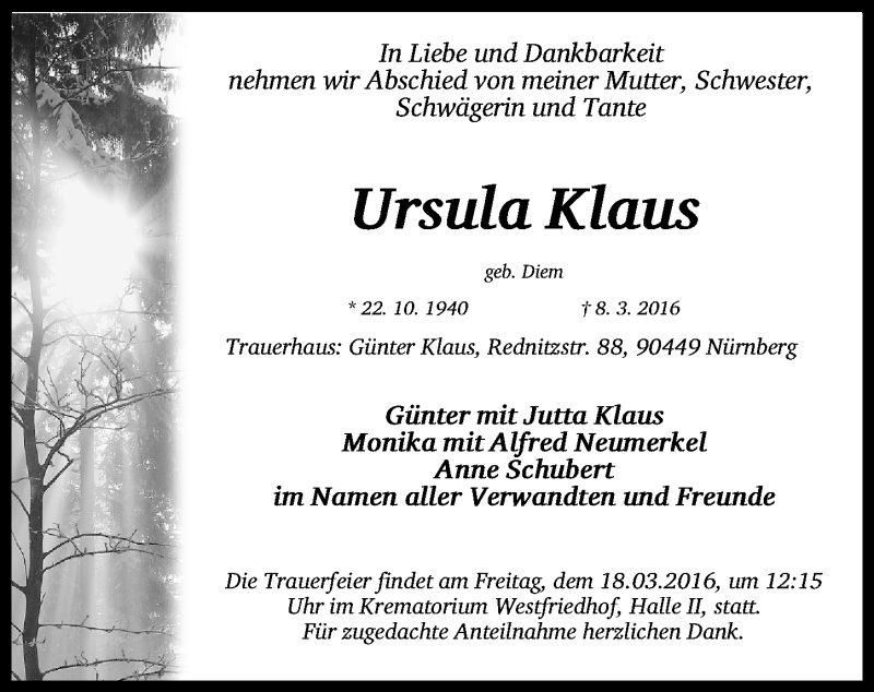  Traueranzeige für Ursula Klaus vom 12.03.2016 aus Gesamtausgabe Nürnberger Nachrichten/ Nürnberger Ztg.