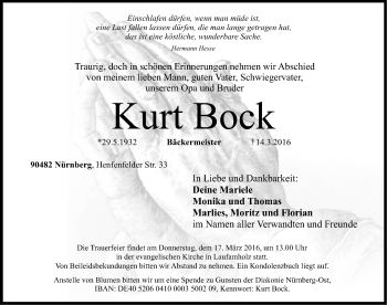 Traueranzeige von Kurt Bock von Gesamtausgabe Nürnberger Nachrichten/ Nürnberger Ztg.