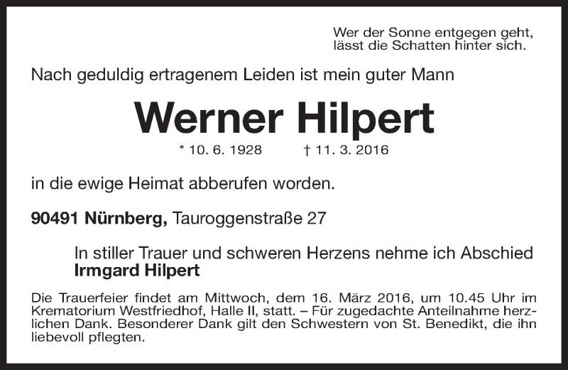  Traueranzeige für Werner Hilpert vom 12.03.2016 aus Gesamtausgabe Nürnberger Nachrichten/ Nürnberger Ztg.