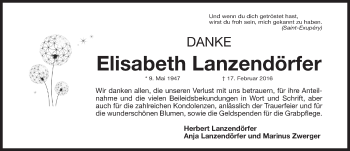 Traueranzeige von Elisabeth Lanzendörfer von Gesamtausgabe Nürnberger Nachrichten/ Nürnberger Ztg.