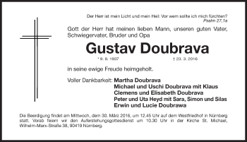 Traueranzeige von Gustav Doubrava von Gesamtausgabe Nürnberger Nachrichten/ Nürnberger Ztg.