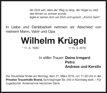 Traueranzeige von Wilhelm Krügel von Gesamtausgabe Nürnberger Nachrichten/ Nürnberger Ztg.