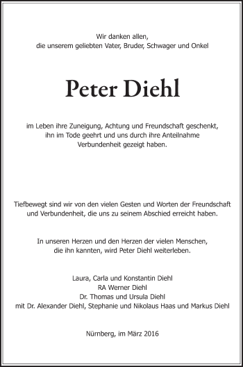 Traueranzeige von Peter Diehl von Gesamtausgabe Nürnberger Nachrichten/ Nürnberger Ztg.