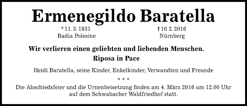  Traueranzeige für Ermenegildo Baratella vom 29.02.2016 aus Schwabach