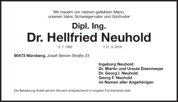 Traueranzeige von Hellfried Neuhold von Gesamtausgabe Nürnberger Nachrichten/ Nürnberger Ztg.
