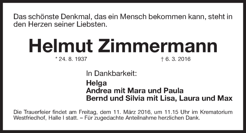  Traueranzeige für Helmut Zimmermann vom 08.03.2016 aus Gesamtausgabe Nürnberger Nachrichten/ Nürnberger Ztg.