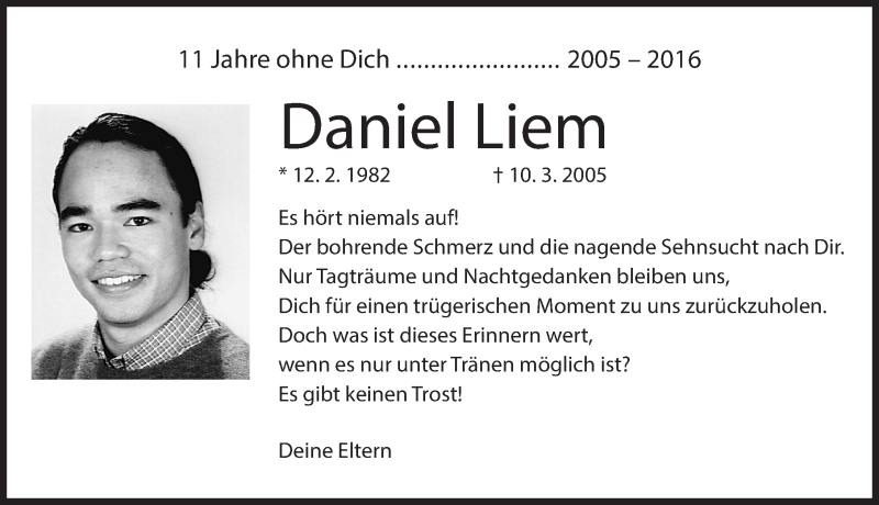  Traueranzeige für Daniel Liem vom 10.03.2016 aus Erlanger Nachrichten Lokal