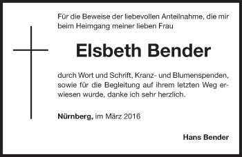 Traueranzeige von Elsbeth Bender von Gesamtausgabe Nürnberger Nachrichten/ Nürnberger Ztg.