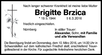 Traueranzeige von Brigitte Brzica von Schwabach