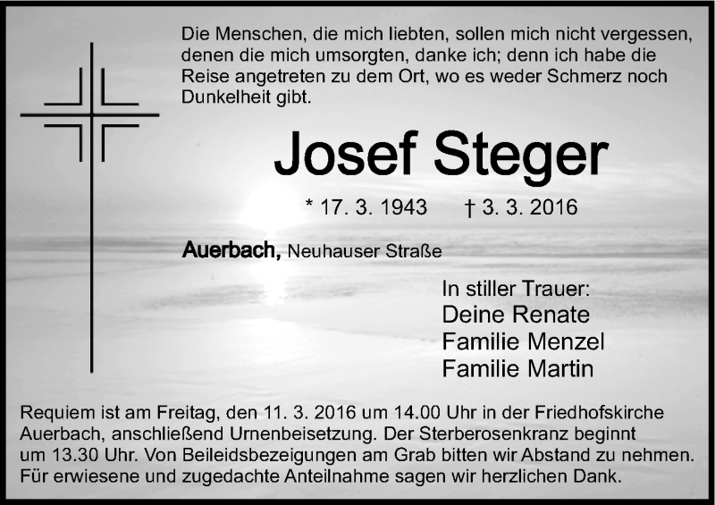  Traueranzeige für Josef Steger vom 05.03.2016 aus Nordbayerische Nachrichten Pegnitz Lokal