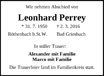 Traueranzeige von Leonhard Perrey von Gesamtausgabe Nürnberger Nachrichten/ Nürnberger Ztg.